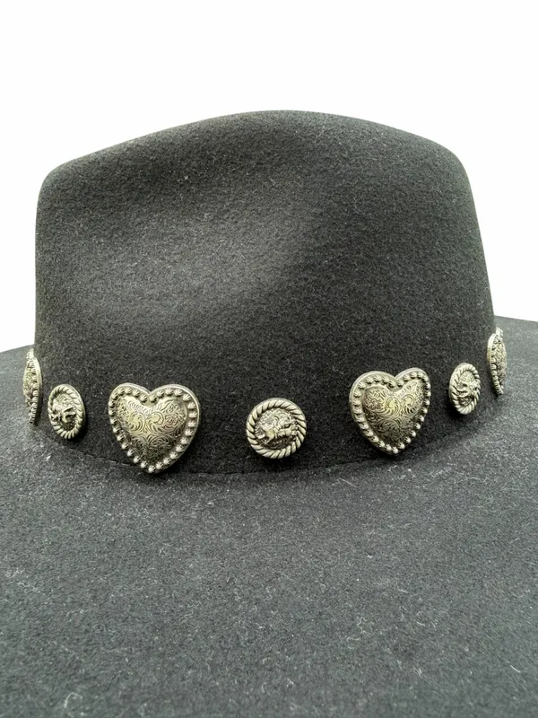 Wyeth Rochelle Boater Hat Black Wool Felt Western Heart Concho Vintage Cowgirl - Image 9