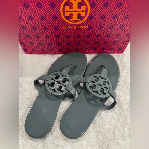 Tory Burch Soft Patent Leather Miller Sandals, Arctic Blue, Sz. 8.5 LIKE-NEW! - Image 6