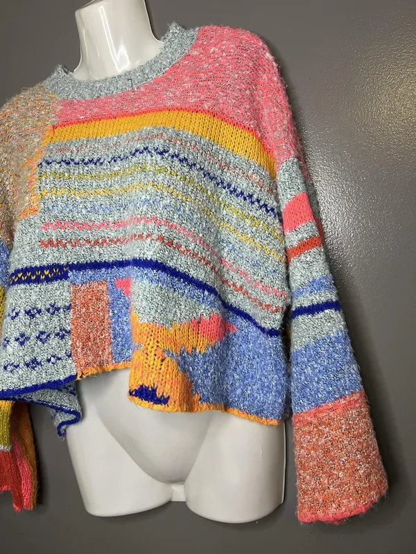 Sincerely Jules Sweater Womens Small Multicolor Patchwork Chunky Knit Cropped - Image 5
