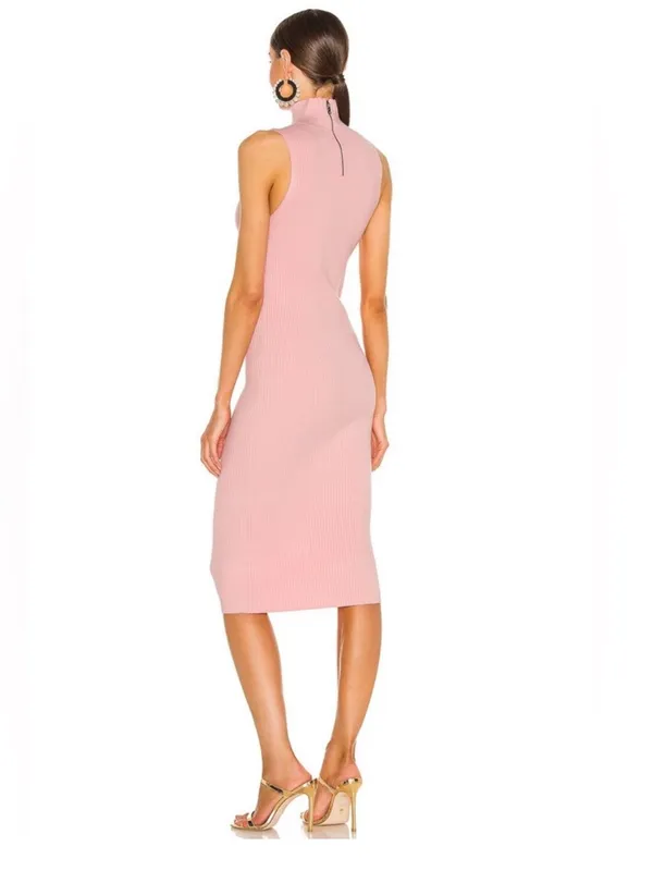 Alice + Olivia Brooklynne Turtleneck Fitted Rib Dress in Blush Pink M - Image 3