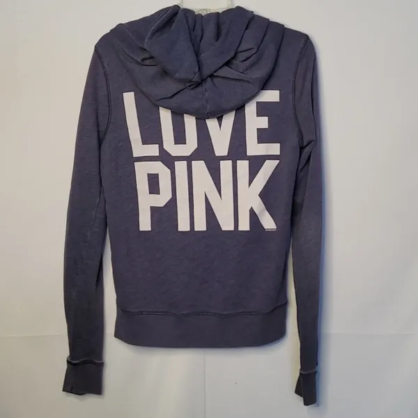 PINK - Victoria's Secret zip up hooded hoodie blue sweatshirt sz Medium - Image 2