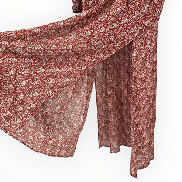 Umgee Burgundy Ditsy Floral Print Maxi Dress with Slits size Large Long Sleeves - Image 7