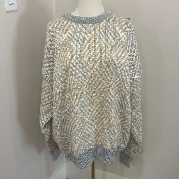 Vintage John Weitz Geometric Knit Sweater Grey Tan‎ Cotton Blend Made in USA L - Image 2