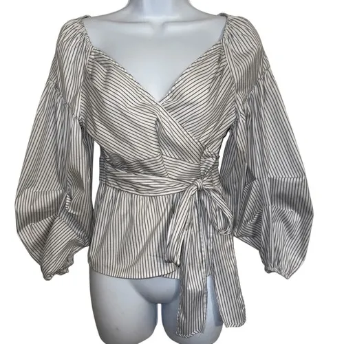 EXPRESS Belted Wrap Tie Top 3/4" Balloon Sleeves Cerulean Blue & White‎ NWOT S - Image 2
