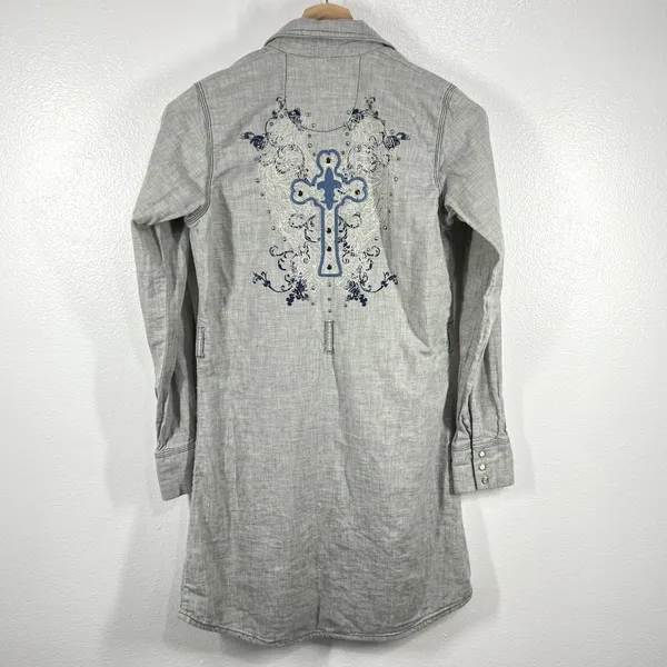 Rock 47 by Wrangler Shirt Dress‎ Western Cross Embroidered Long Sleeve Gray S - Image 2