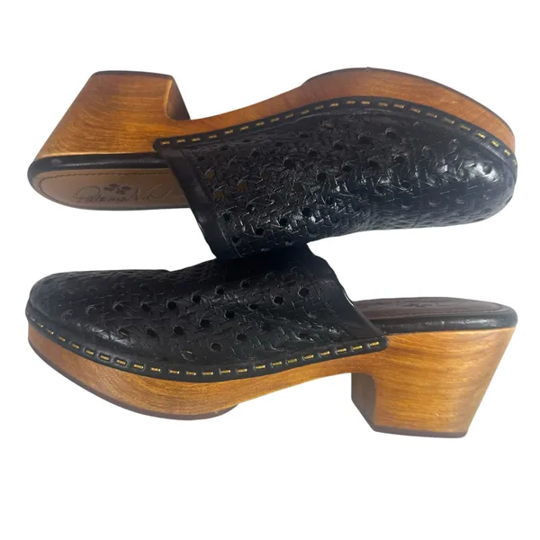 Patricia Nash Woven Leather Wooden Platform Clog Mule Size 8 Black - Image 4