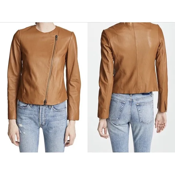 Vince Lamb Leather Moto Jacket Womens Size XS Walnut Camel Old Money Luxury Fall - Image 14