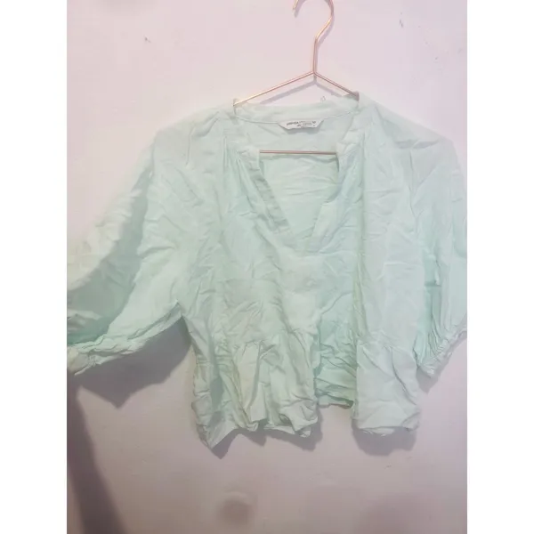 AMANDA UPRICHARD Light Blue Linen Blend Puff Sleeves Peplum Diego Top Size M - Image 4