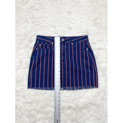 American Eagle Blue and Red Striped High Rise Mini Denim Jean‎ Skirt Size 6 - Image 4