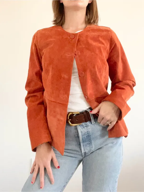 Vintage Leather Suede Button Jacket in Burnt Orange Size 4P - Image 3