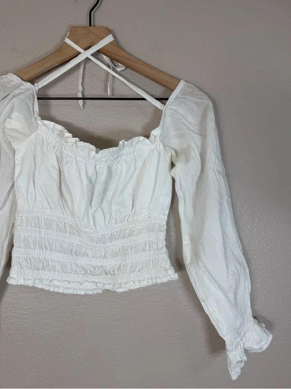 With Jean Fonda Top Long Sleeve Smocked Blouse White Small $219 - Image 11