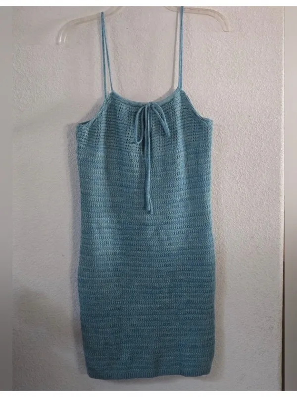 Olive + Oak Sz M Crochet Knit Mini Dress Marled Turquoise Tie Front Lined NWT - Image 4
