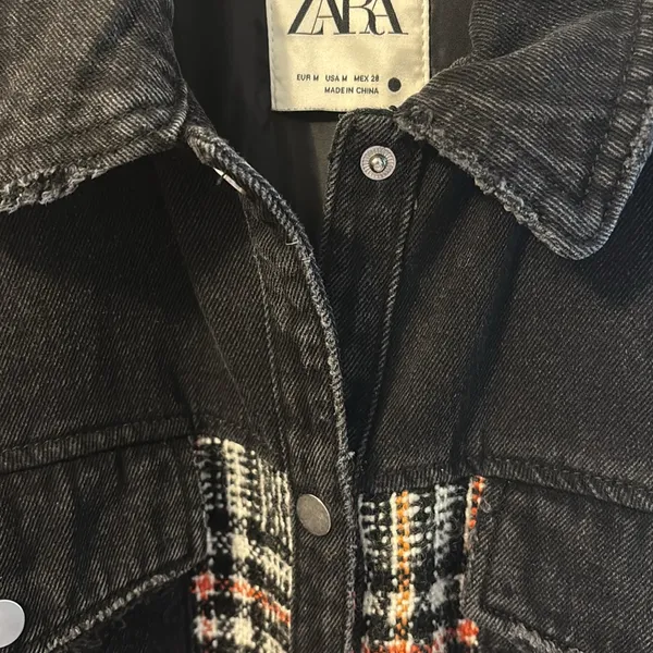 Zara Black and Plaid Jean Jacket - Image 7