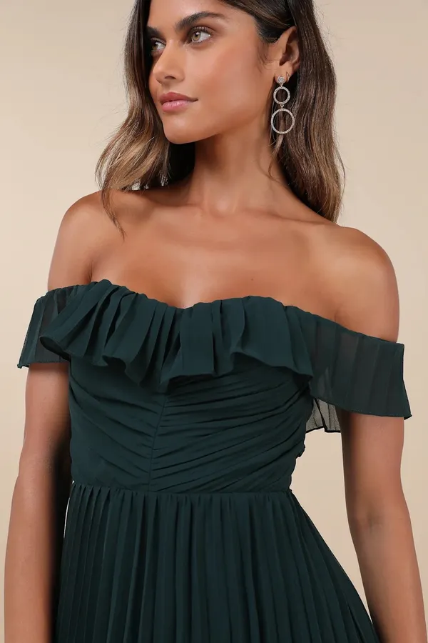 Lulus Always Remarkable Emerald Pleated Off-the-Shoulder Maxi Dress - Image 3