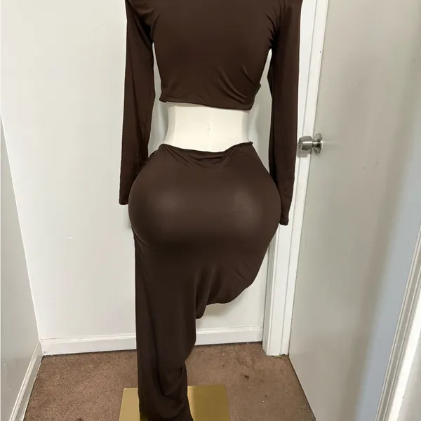 Women's Brown Draped Maxi Skirt Set - Chic Asymmetric Silhouette NWT XL - Image 2