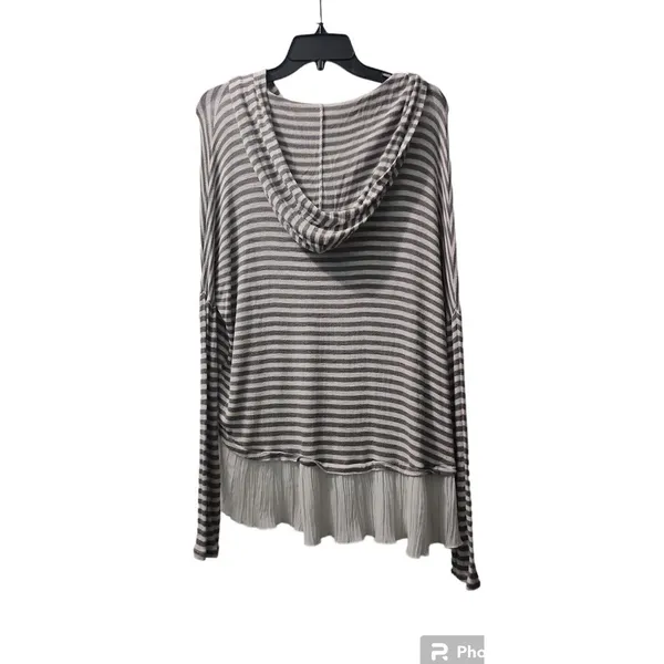 Hollister Striped Hooded Top‎ Ruffle Hem Long Sleeve Casual Gray Size M - Image 2