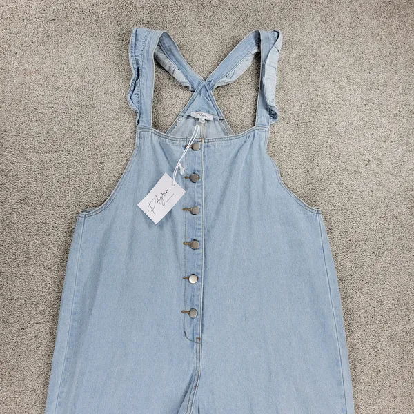 Polagram Overall Button Up Denim Jumpsuit Womens L Blue Light Wash Ruffle Straps - Image 16