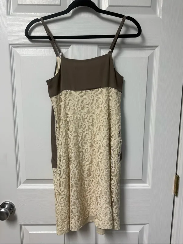 Kensie Cream Lace Panel Mini Dress with Brown Contrast - Image 5