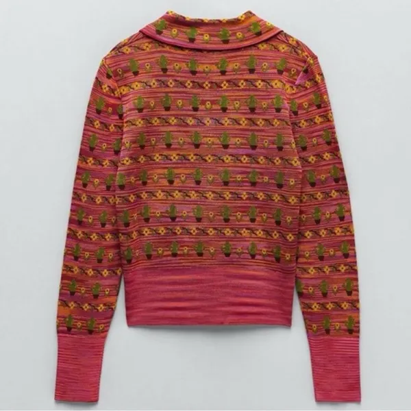 ZARA Cactus Flower Jacquard Knit Lightweight Cardigan‎ Sweater Jacket Size Small - Image 6