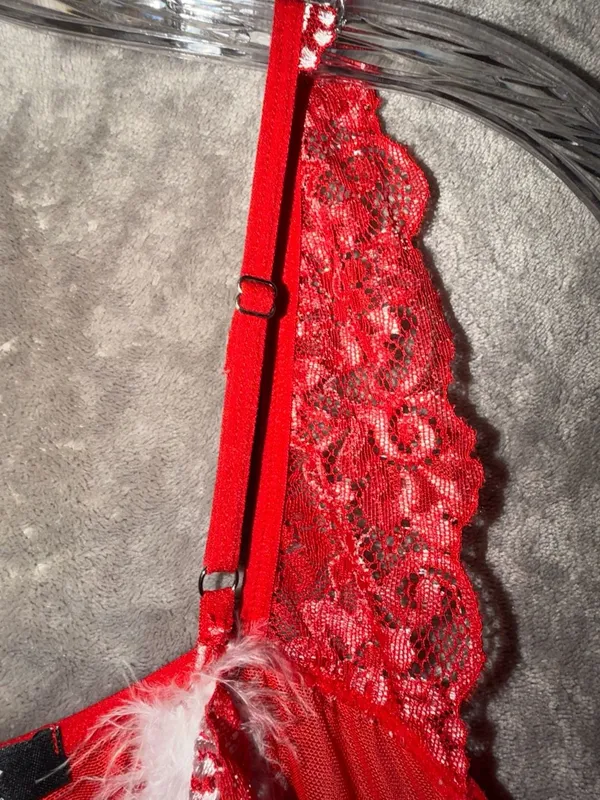 Kle Red Lace and Feather Trim Babydoll Lingerie Dress - Image 8