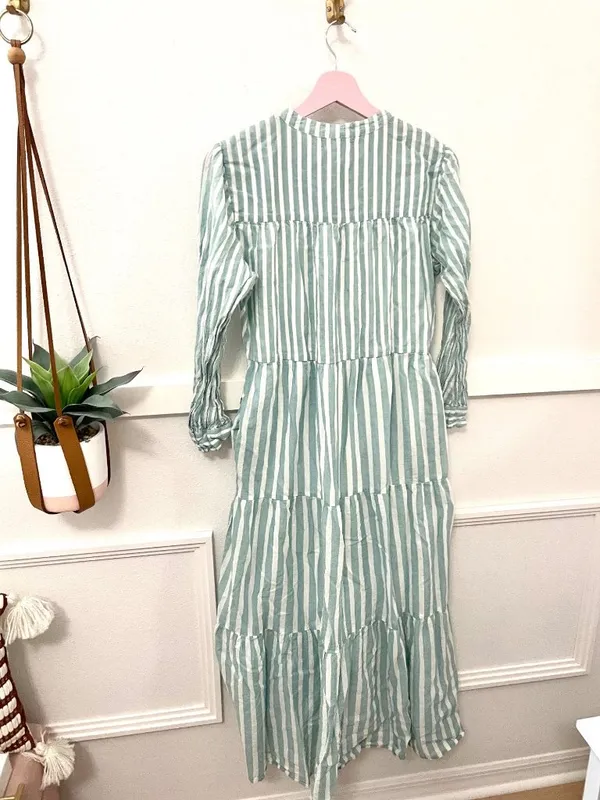 Pink City Prints Blue Green Stripe Long Sleeve Dress M Coastal Grandmother Cotta - Image 5