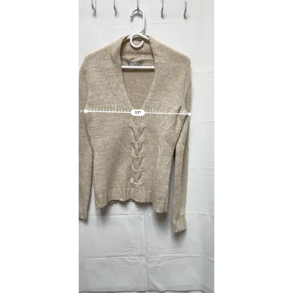 Banana Republic Womens Small Beige‎ Lambswool Cashmere V-Neck Cable Knit Sweater - Image 5