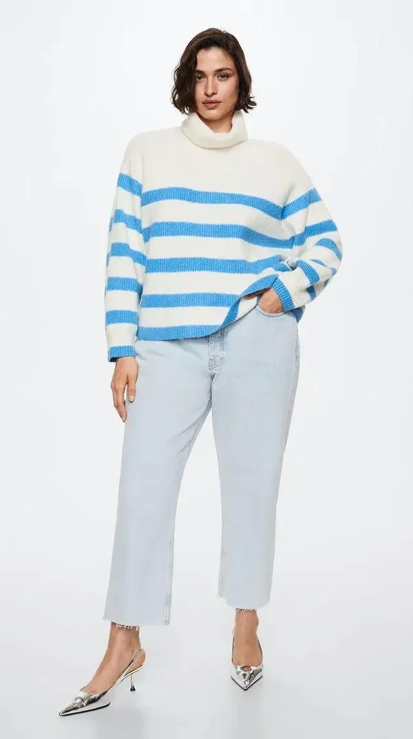 Mango Blue and White Stripe Turtleneck Sweater - Image 2