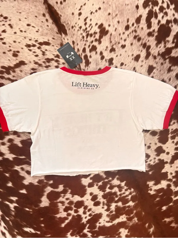 Lift Heavy White & Red Ringer Crop Tee‎ - Image 3