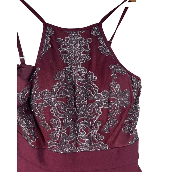 Speechless Burgundy Glitter Lace Fit & Flare Party Dress Size 5 High Neck - Image 7