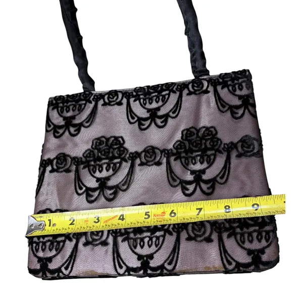 Victoria's Secret Pink Black Velvet Floral Flocked Evening Bag Satin Tote Handbag - Image 2