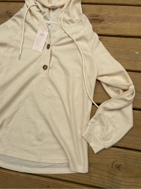 Women’s Small Cream Waffle Knit Hooded Henley Tunic Pullover Top NWT - Image 5
