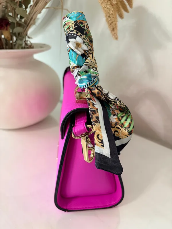 ALDO Hot Pink Satchel Handbag Scarf Handle Gold Hardware Statement Y2K - Image 5