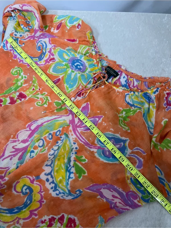 Lauren Ralph Lauren Orange Floral Paisley Peasant Blouse L 100%cotton - Image 4
