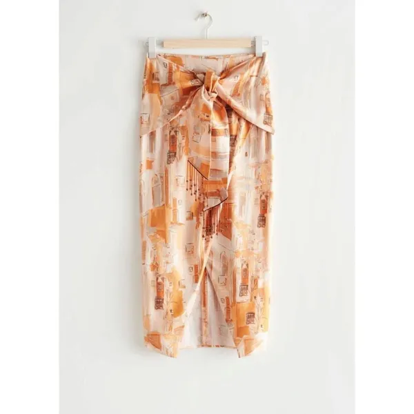 & Other Stories | Printed Asymmetrical Midi Skirt Terracotta Tie Front Boho US 8 - Image 3
