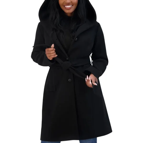Steve Madden Black Hooded Long Pea-coat Button-Front Coat Small - Image 12