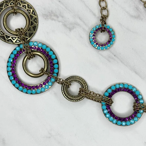 Blue Purple Rhinestone Studded Gold Tone Circle Chain Belt S/M Small Medium ✨ - Image 7
