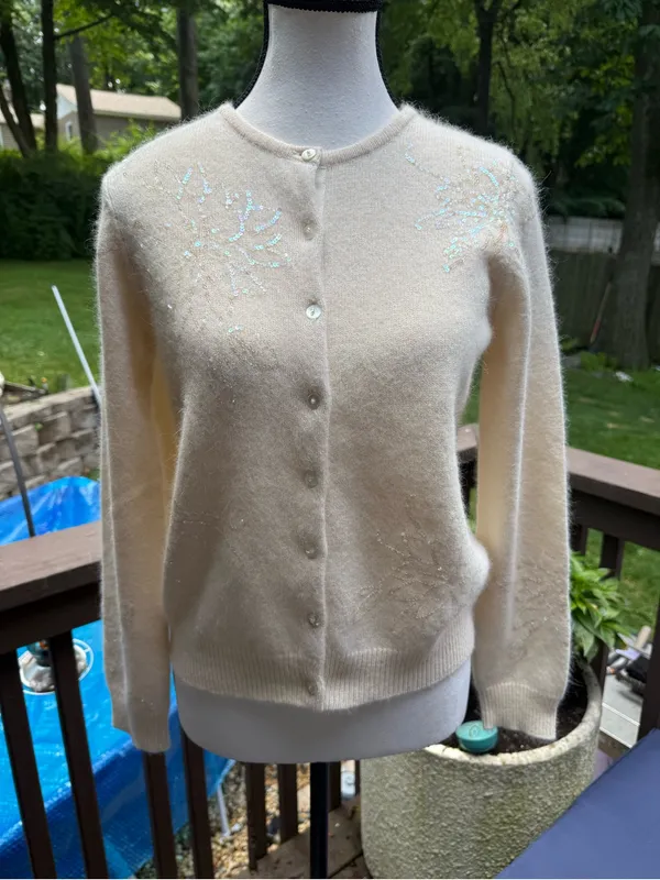 Janeville Sequin Embellished Lambswool Cardigan - Cream - Image 2