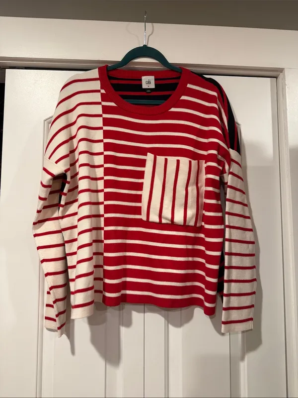CAbi Red & White Striped Pocket Pullover with Navy Side Stripe medium - Image 2