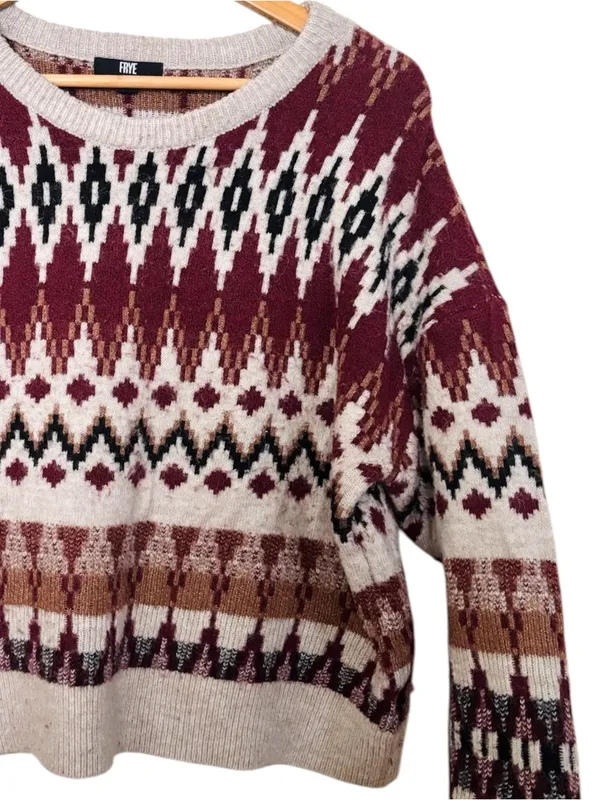 Frye Burgundy, Cream & Black Fair Isle Crewneck Sweater - Image 2