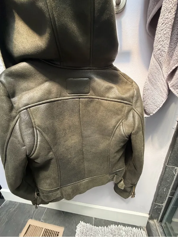 GUESS Olive Green Suede-Look Sherpa Moto Jacket with Cream Lining - Image 3
