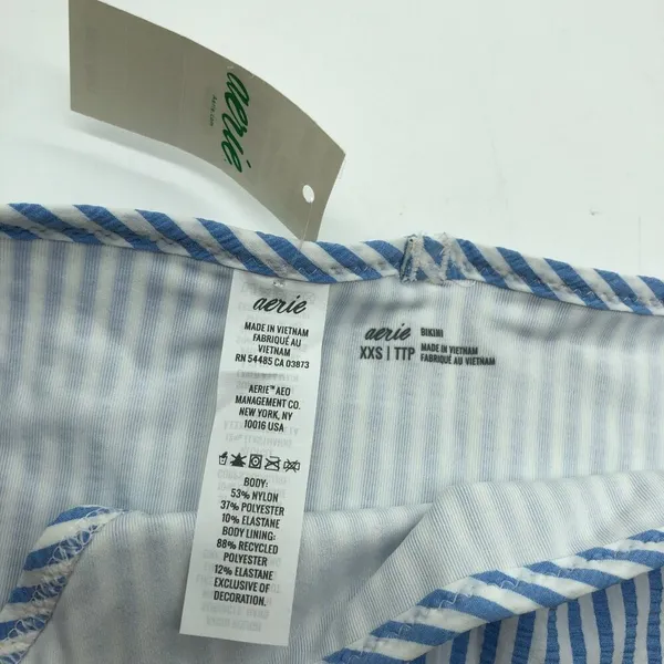 Aerie Swim Bikini Bottom Hipster Brief Seersucker Ruffle Striped Blue White XXS - Image 3