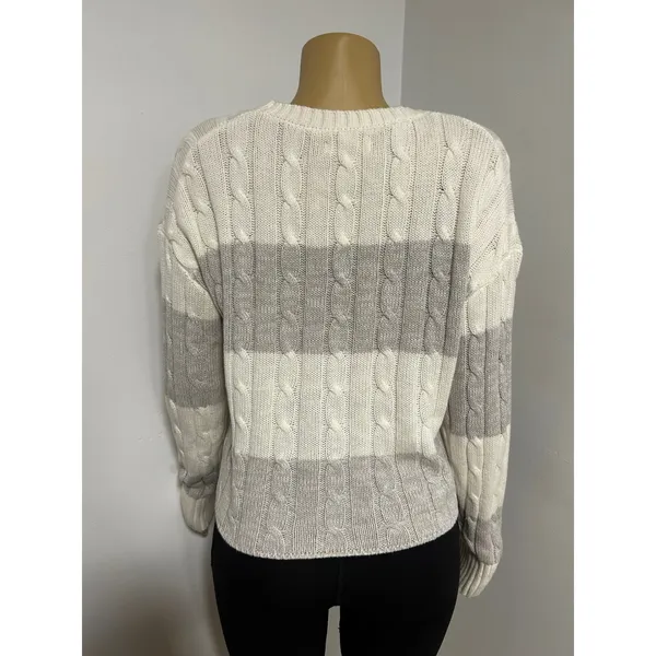 Aeropostale Womens Cable Knit Striped Sweater Cream Grey Crew Neck Pullover L - Image 3