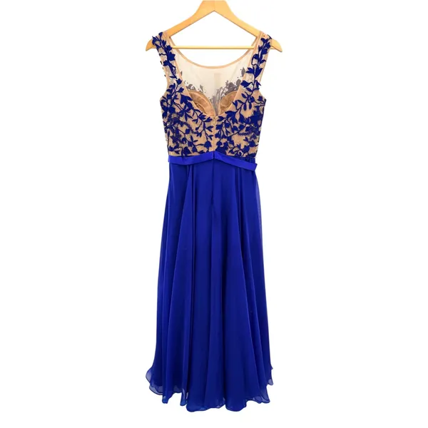 Sherri Hill Royal Blue Floral Embroidered Illusion Gown Size 6 Prom Formal Dress - Image 4