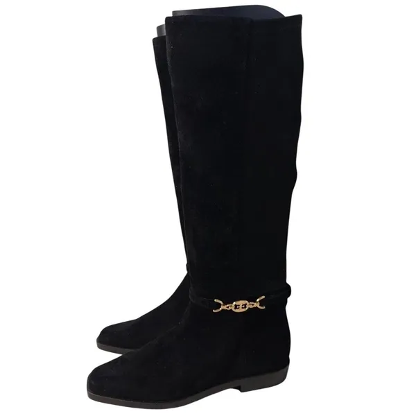 Sam Edelman Black Suede Knee High Boots Gold Chain Link Size 6M NEW - Image 2