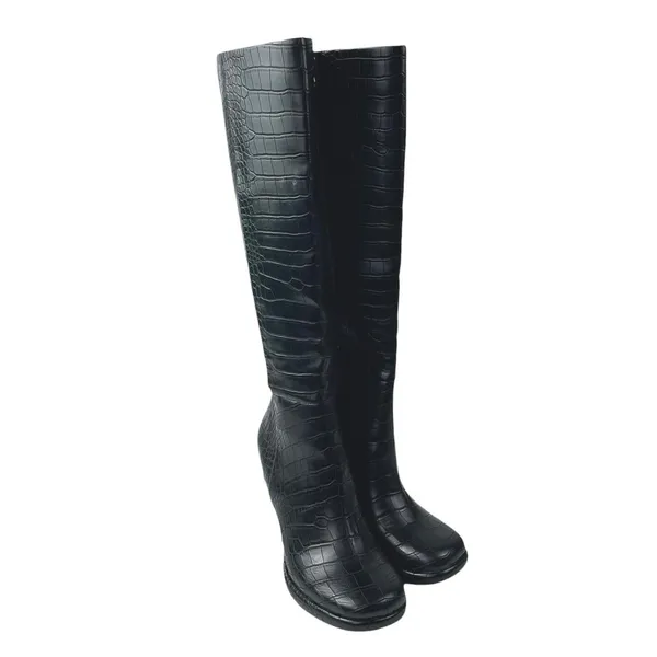 Circus by Sam Edelman Black Croc Leather Zip Up Heeled Knee High Boots Size 5.5 - Image 6