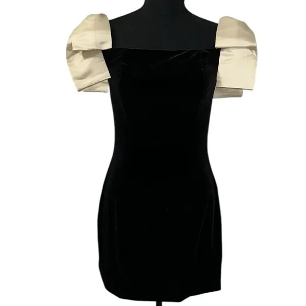 French Connection Black Velvet Satin Bow Mini Dress(Size Small) - Image 4