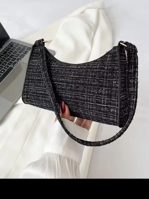 NWOT Classic Black Tweed / shiny thread Shoulder Bag - Elegant Everyday Purse - Image 2