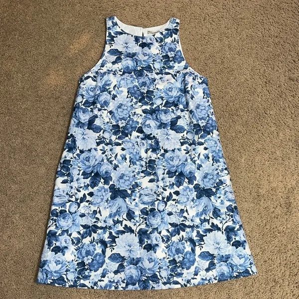 Abercrombie & Fitch High Neck Linen Blend Mini Dress Blue‎ White Floral XXS - Image 4