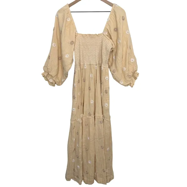 Free People Dahlia Embroidered Maxi Dress Sand Gauzy Smocked Size Small Cotton - Image 6