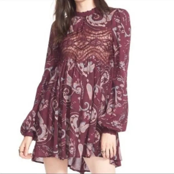 free people sweet thing printed tunic dress purple paisley burgundy size‎ small - Image 6